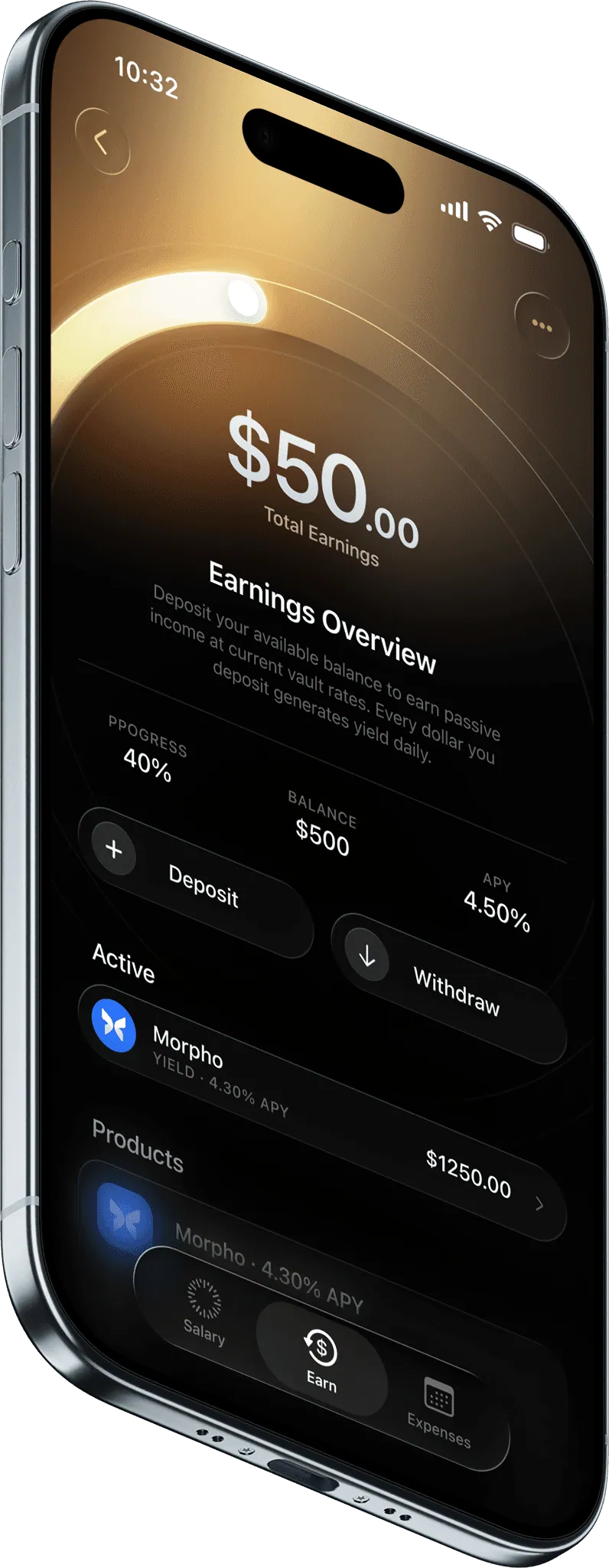 Charter app screen with an earnings overview