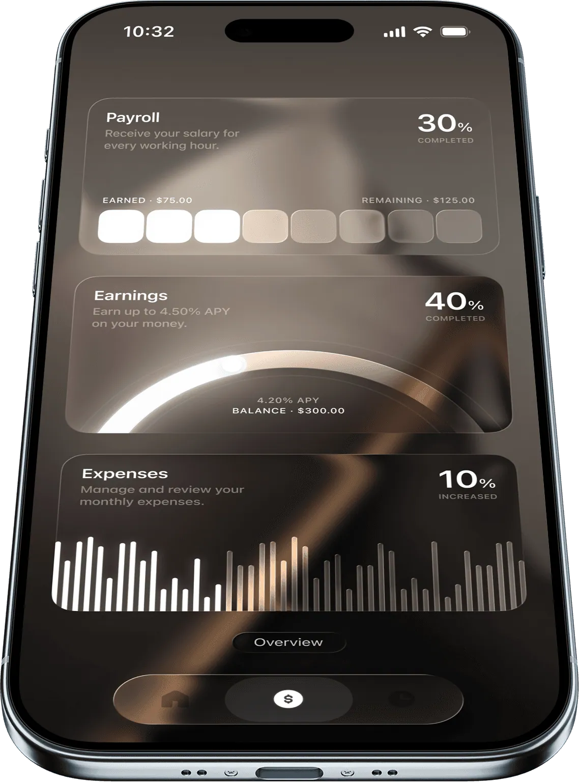 Charter app overview of earnings and expenses