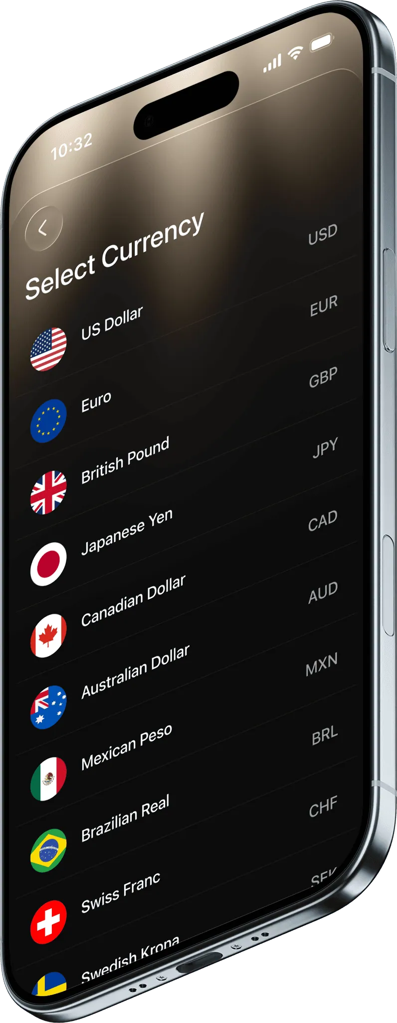 Charter app currency selection