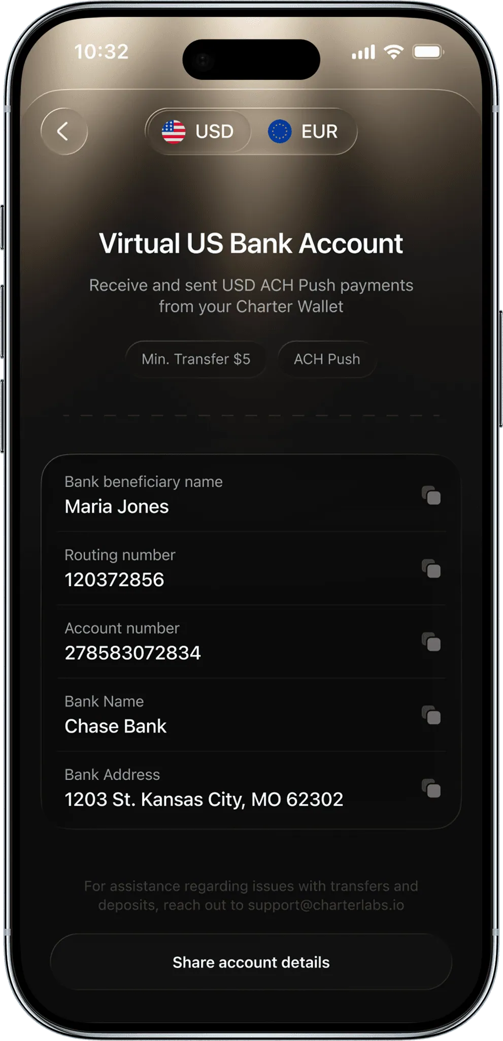 Charter app virtual US bank account details